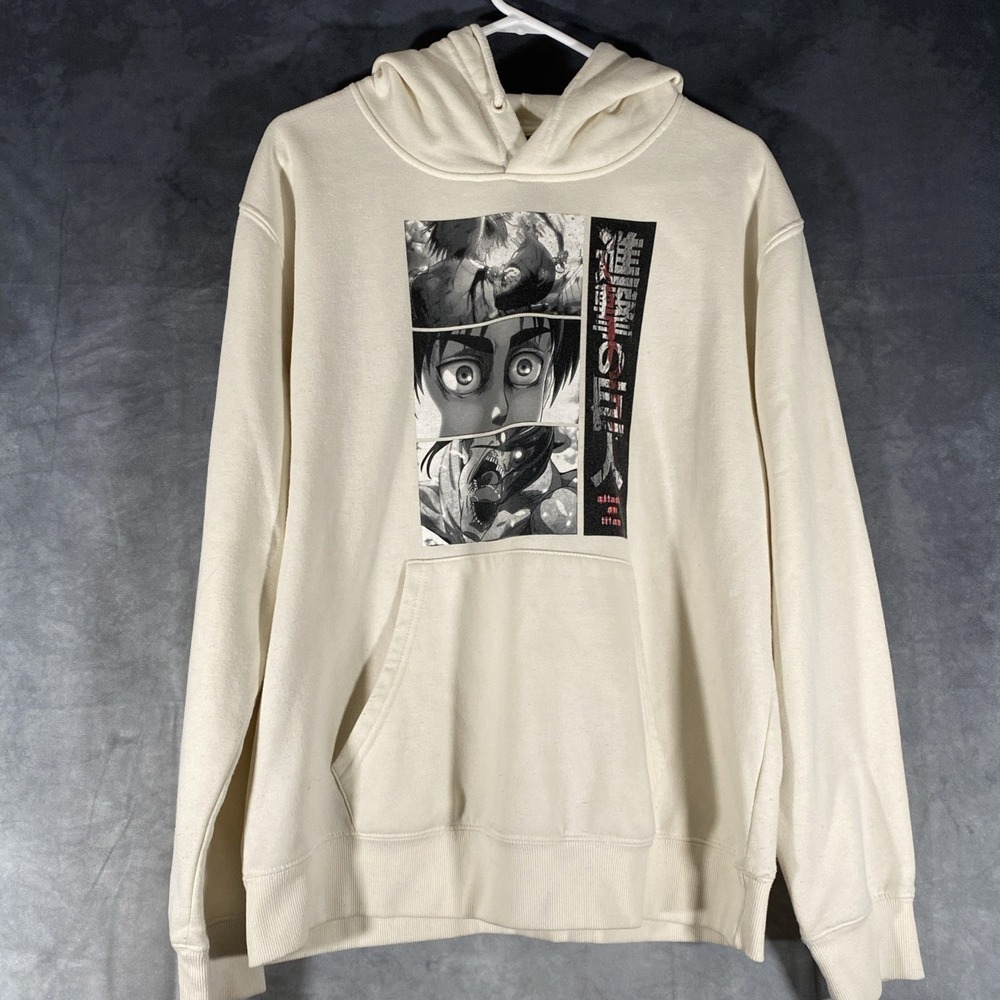 Attack on Titan Manga Graphic Hoodie Cream Off White Anime Sweatshirt Large